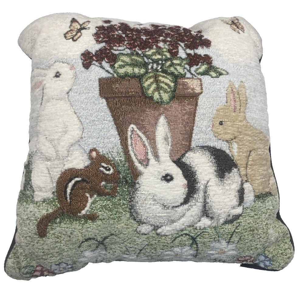 Vtg Kohl's‎ Chenille Easter Tapestry Throw  Pillow Bunny Rabbits & Squirrel 16"